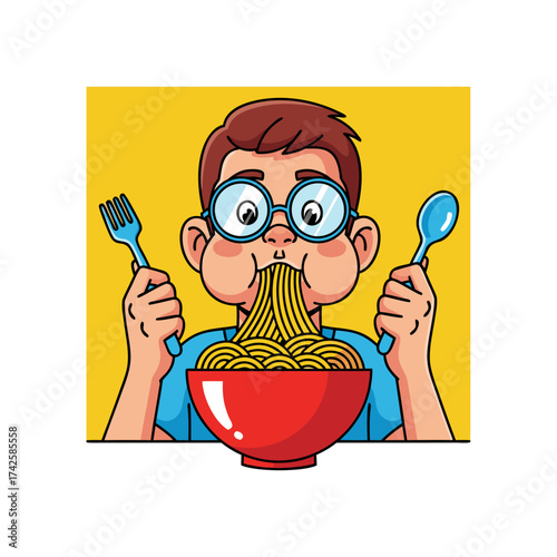 Cute cartoon boy with glasses greedily eating a bowl of delicious spaghetti noodles with a fork and spoon, isolated on yellow background