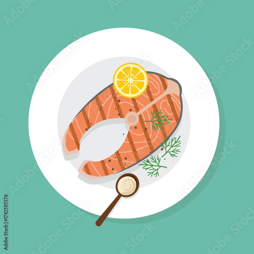 flat color of grilled salmon with lemon and dill