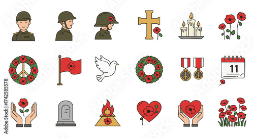Vector icons set Remembrance Poppy Day veterans memorial peace