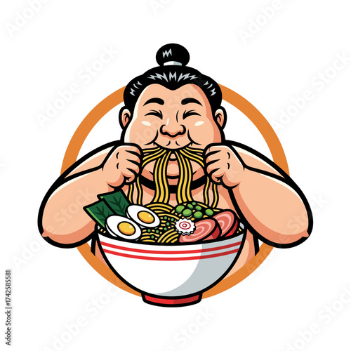 Cartoon Sumo Wrestler Happily Eating a Large Bowl of Delicious Ramen Noodles with Various Toppings in an Illustration