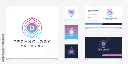 Initial letter d digital technology network logo design, circle symbol icon concept, business card vector template