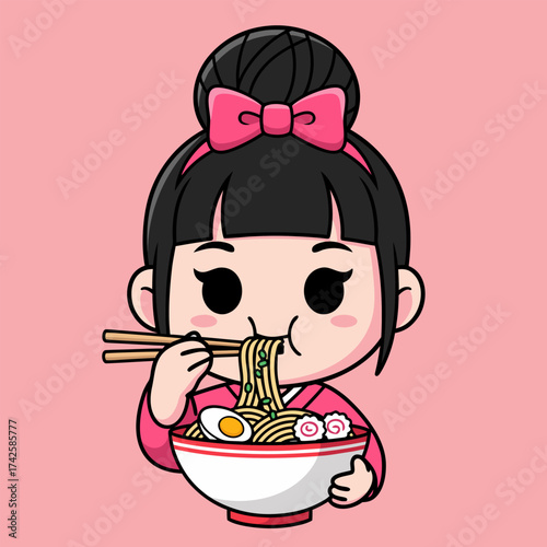 Cute Anime Girl Enjoying a Delicious Bowl of Hot Noodle Soup with Chopsticks, Embracing Traditional Japanese Cuisine and a Whimsical Cartoon Style