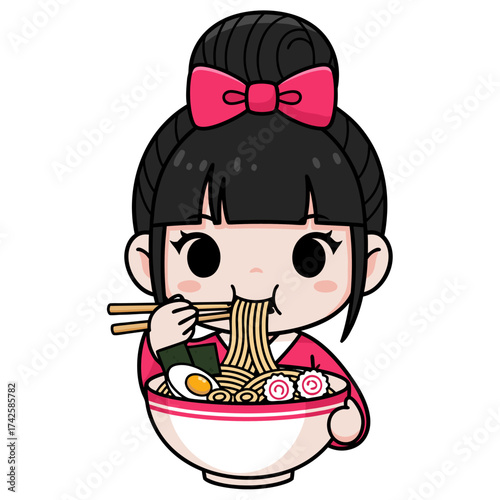 Chibi Japanese Girl Enjoying a Delicious Bowl of Ramen Noodles with Chopsticks, Kawaii Style Illustration