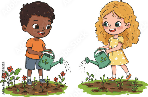 Happy boy and girl watering flowers together in garden, kids gardening illustration showing teamwork, nature education, and environmental care.