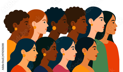 A group of women with different hair colors and styles. The image is a representation of diversity and unity. Vector.