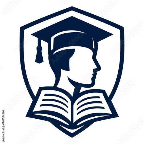 A man wearing a cap and gown with a book in front of him. The book is open and the man is looking at it. Vector.