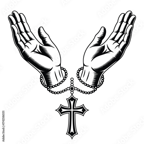 Black and white illustration of two open hands holding a religious rosary and cross vector
