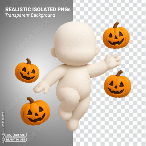 Baby Mannequin With Floating Pumpkins 3D Icon Transparent PNG file ready to be used.