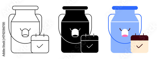 Milk delivery service schedule icon set in line, solid, and flat color styles for dairy logistics and farm supply.