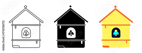 Beehive icon set. Wooden bee houses for honey production and beekeeping. Vector illustration in outline, solid, and flat color style