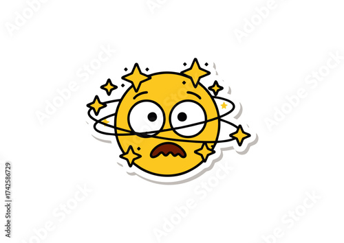Playful yellow emoji sticker showcasing a cartoon face with wide eyes and a dazed expression, encircled by sparkling stars, indicating dizziness or bewilderment