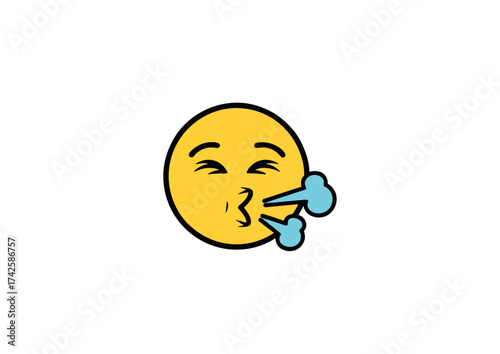 Expressive cartoon illustration of a round yellow face with closed eyes and pursed lips, exhaling a gentle puff of air, symbolizing a kiss or light breath