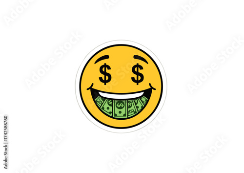A vibrant yellow emoticon with dollar symbols for eyes and a wide grin stuffed with banknotes, symbolizing financial success and materialism