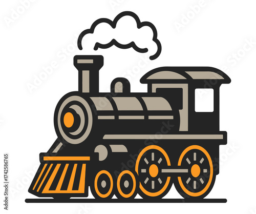 A train with a steam engine and a black and orange color scheme. The train is on a white background. Vector.