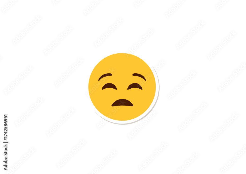 Fototapeta premium A simple vector icon of a pensive yellow face. This flat emoticon sticker shows feelings of disappointment, sadness, and regret, isolated on a white background