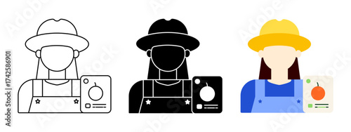 Female Farmer Icon Set in Outline, Solid, and Flat Style – Agriculture Worker Vector Illustration