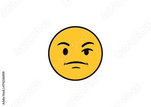 A vibrant yellow emoji face with raised eyebrows and a slightly downturned mouth, conveying a sense of skepticism, doubt, or mild disapproval for digital communication