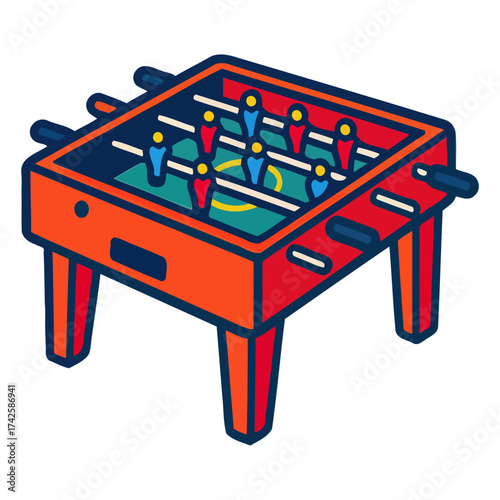 A red and blue table with a soccer ball on it. The table is designed for playing soccer, with a green field and red and blue soccer balls. Vector.