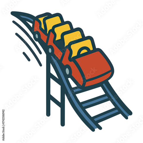A cartoon of a roller coaster with a red car on it. The car is going down a track and the track is blue. Vector.