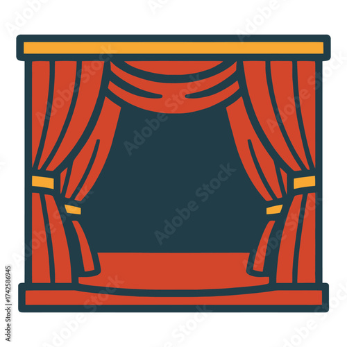 A red curtain with a blue background. The curtain is drawn, and the stage is empty. Vector.