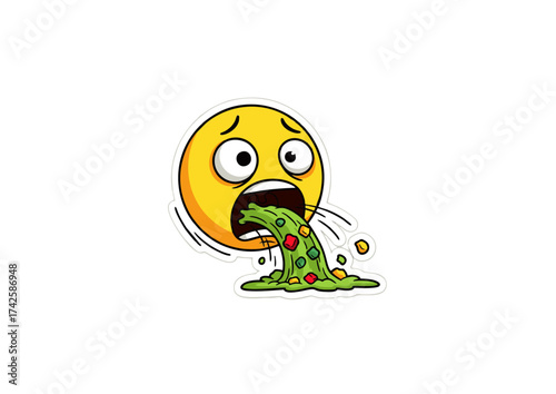 A vibrant vector illustration of a sick and nauseated round yellow character face vomiting, a sticker icon representing feelings of disgust, illness, or food poisoning