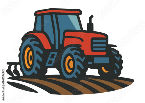 A red tractor is on a field. The tractor is a cartoon drawing of a tractor. Vector.