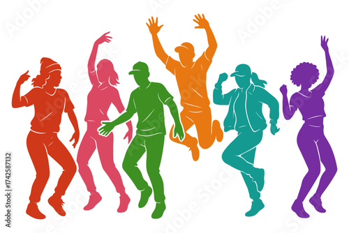 A group of people are dancing and jumping in the air. The people are in different colors, and they are all smiling. Vector.
