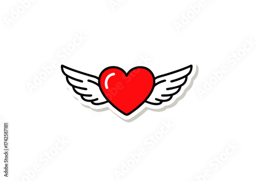 Vector illustration of a vibrant red heart with angelic white wings, a romantic symbol of love and passion taking flight, presented as a cute sticker