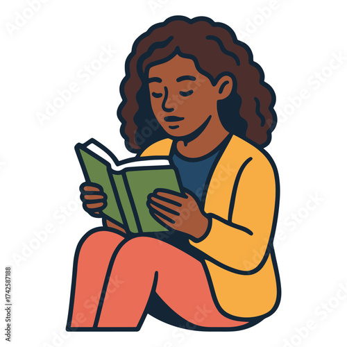 A young woman is reading a book. She is sitting on the floor and is wearing a yellow jacket. Vector.