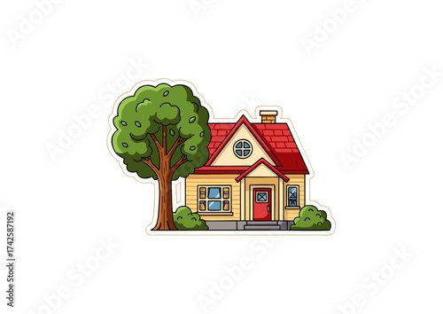Charming Cartoon House with Lush Green Tree in a Whimsical Suburban Setting