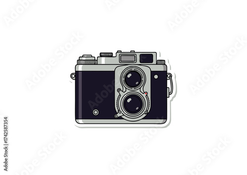 Nostalgic sticker-style illustration of a classic analog camera, capturing the essence of vintage photography with its iconic twin-lens design, ideal for digital art and retro design projects