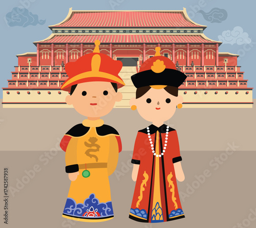 Chinese Emperor and Empress in Forbidden City – Traditional Imperial Couple Illustration