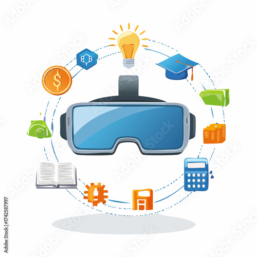 Immersive VR headset unlocks education, finance, and innovation opportunities, a modern concept with limitless virtual reality potential for learning and growth