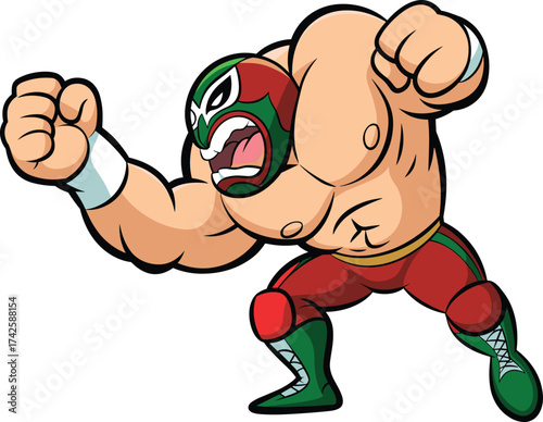 Colorful cartoon illustration of a masked wrestler posing in ring with spotlight, strong lucha libre fighter character, Mexican wrestling art