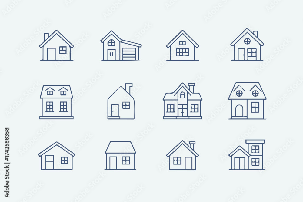 Fototapeta premium blueprint style home icons linear house illustrations perfect for real estate websites apps and architectural diagrams