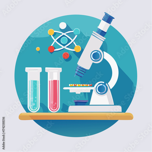 Modern science laboratory scene featuring microscope and test tubes, ideal for educational or medical stock, originally a scalable vector graphic