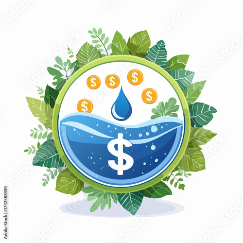 Sustainable investment illustration featuring water, coins, and leaves, promoting financial security and ecological balance with a modern, eco-friendly design