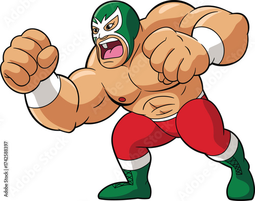 Colorful cartoon illustration of a masked wrestler posing in ring with spotlight, strong lucha libre fighter character, Mexican wrestling art