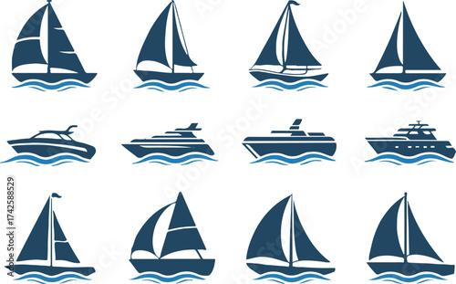maritime vector icons boat types sailboat yacht speedboat catamaran two tone ai eps jpeg png bundle