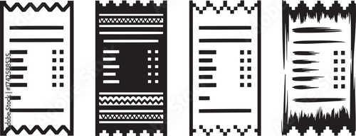Set of long receipt icons different styles, purchase record, transaction document