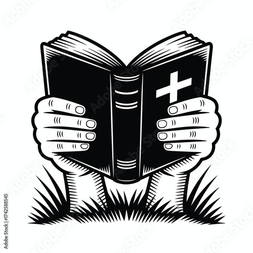 Sacred bible illustration hands holding open holy book with christian cross vector eps icon vector