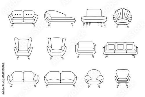 minimalist chair and sofa line art set modern armchair couch silhouettes vector collection for interiors