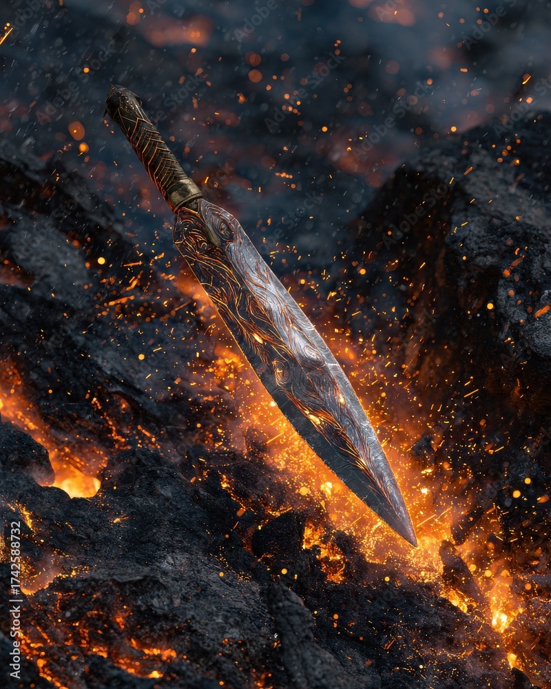 Fototapeta premium Sword of Fire: A close-up shot captures a mystical sword engulfed in fire, showcasing its intricate details and radiating a captivating glow against a dark, fiery background. The image evokes power.