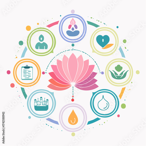 Holistic wellness icons radiating from a lotus flower promote balance and healing in a modern spa, yoga studio, or health center, conveying calm