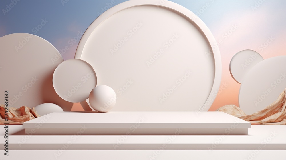 Fototapeta premium Minimalist White Circular Platform and Spheres in Soft Pink and Blue Background