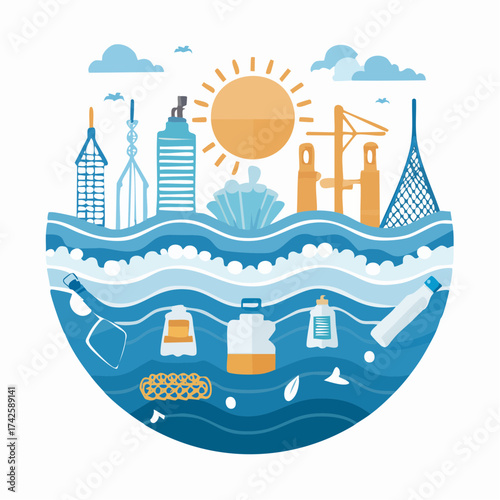 Illustrative cityscape skyline over polluted waters with floating plastic waste, a visual metaphor for environmental concerns and marine pollution awareness