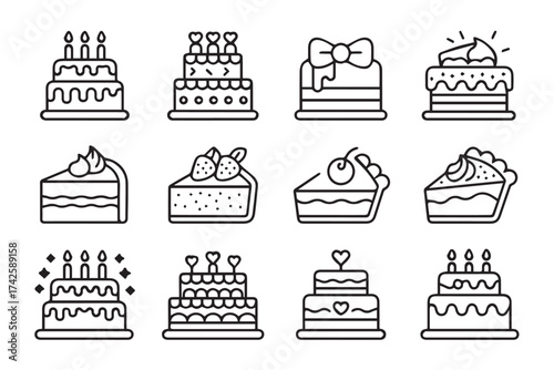 hand drawn cake icons set line art bakery dessert illustrations cake slices tiered cakes