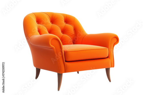Stylish orange armchair with tufted backrest and wooden legs on a black studio background on transparent background