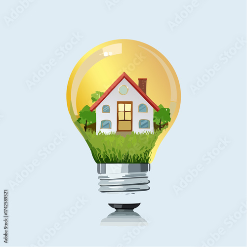 Sustainable living concept showcasing a house inside a light bulb, symbolizing eco-friendly homes and renewable energy solutions with a touch of vibrant nature