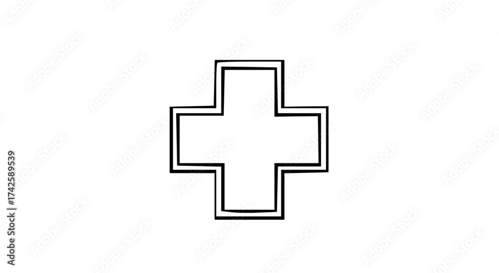 Fototapeta premium Simple black and white illustration of a cross shape with a double outline on a white background.